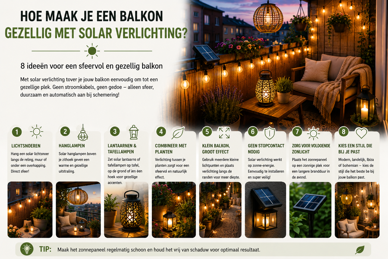 Hoe maak je een balkon gezellig met solar verlichting? 8 eenvoudige ideeën